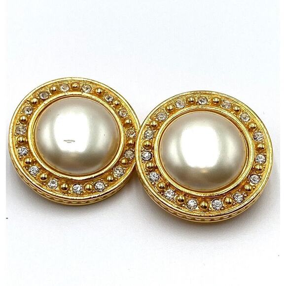Liz Claiborne Earrings Vintage Gold Tone Faux Pearls Cabochon Clips FLAW - Picture 1 of 10